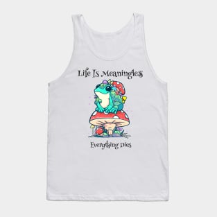 Melancholic Mirth: Finding Humor in Life's Futility with a Quirky Frog on a Mushroom Tank Top